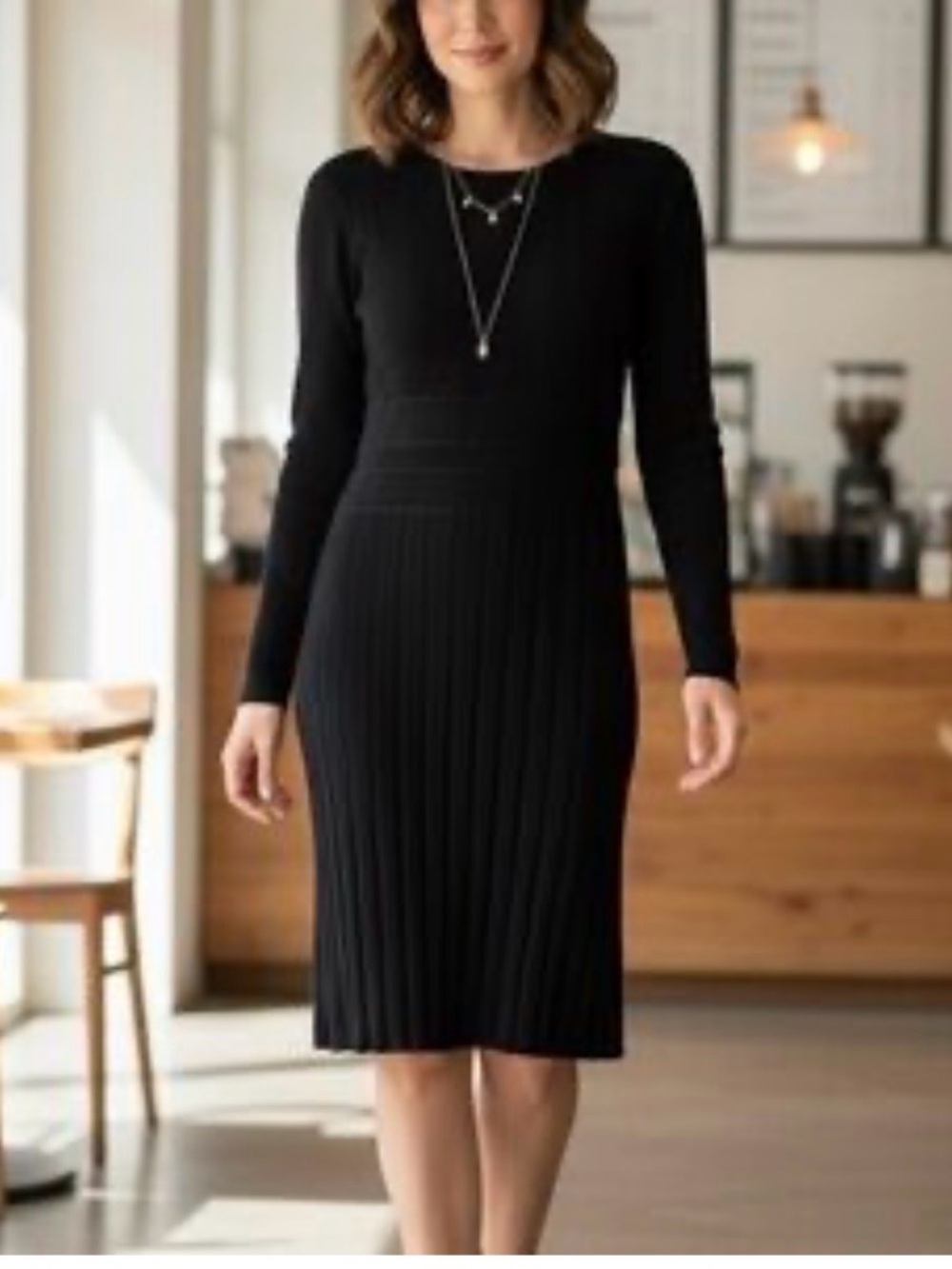 Daisy Fuentes Black Long-Sleeve Ribbed Knit Midi Dress
